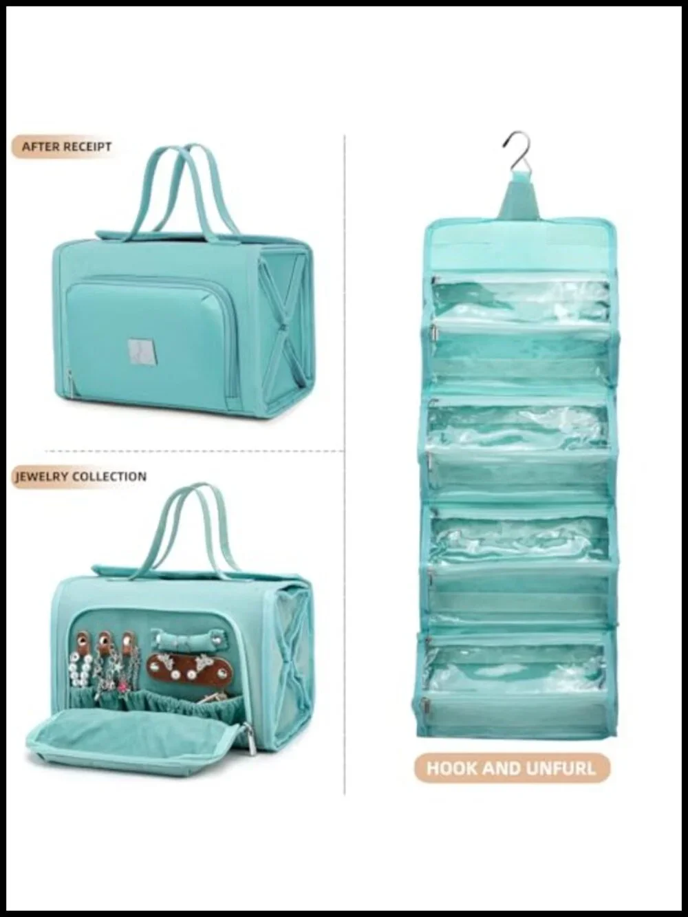 Roll Up Makeup Bag, Hanging Travel Toiletry Organizer with Clear Pouches,